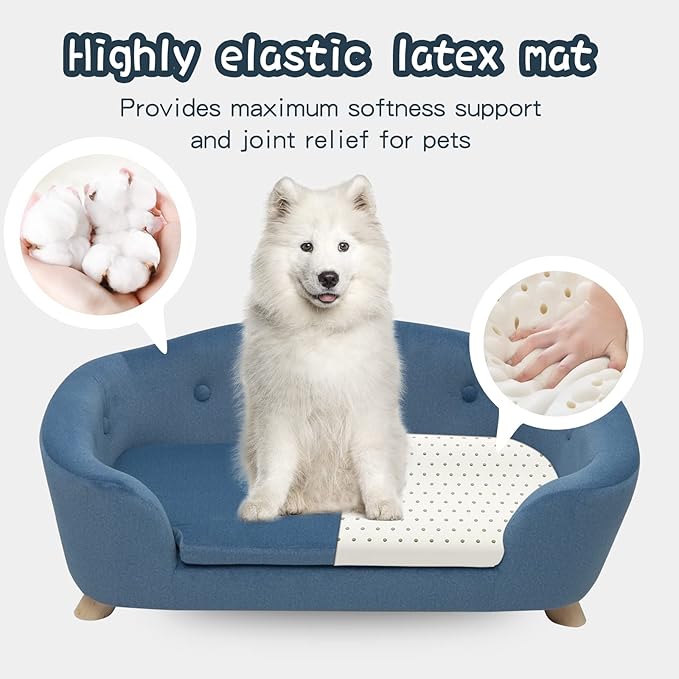 SHAVI Large Dog Couch, 35" Wide Pet Sofa for Large and Medium Dogs with Removable Mattress Cover, Luxury Raised Dog Couch Velvet Lounging Bed with Anti-Slip Bottom(Blue)