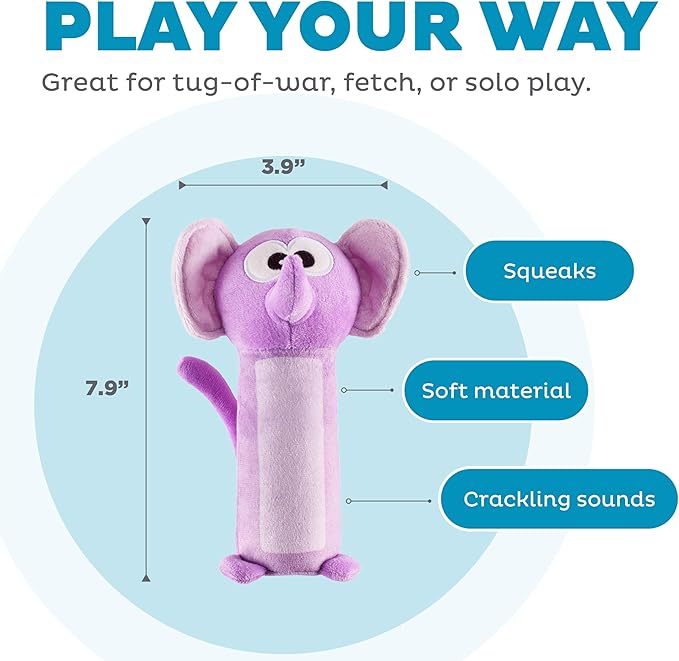 Outward Hound Bottle Bros Elephant Dog Toy, 7.9 Inch Plush Squeaky & Crackle Toy for Dogs, Interactive Fetch & Engaging Solo Play, Small, Purple