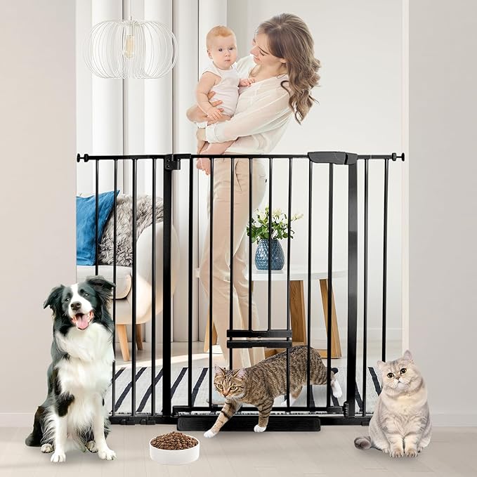 30 Inch Tall Baby Gate with Small Cat Door, Adjustable Auto Close Dog Gate Easy Walk Thru Pet Door for Stairs, Doorway, House (Black, 29.52"-43.71")
