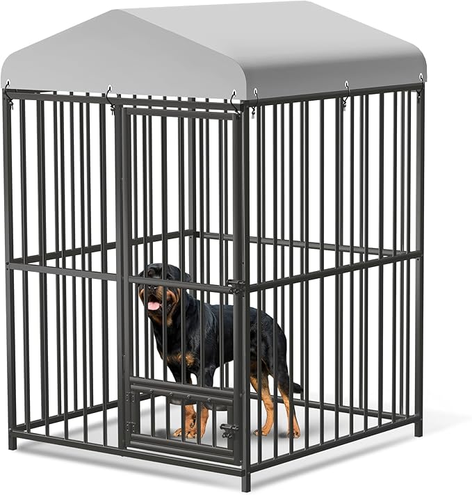 4X4x6FT Large Outdoor Dog Kennel with Swivel Feeder & UV-Resistant Waterproof Roof Covered, Heavy Duty Dog Cage Playpen for Medium and Large Dogs, Easy Assembly