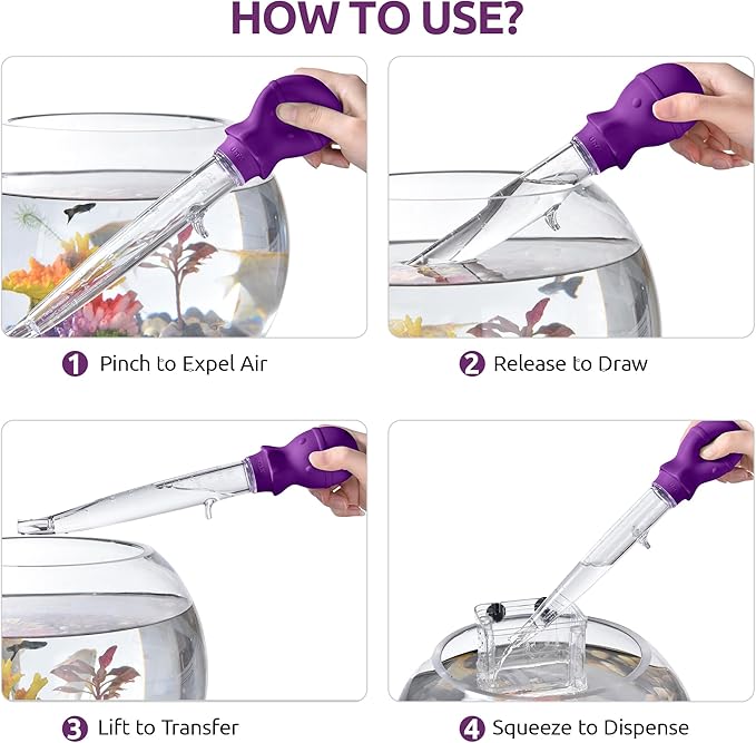U-Taste Aquarium Pipette Cleaner: 1.5oz Coral Feeder for Fish Tank Cleaning, Manual Feeding Tube, Food Grade Siphon Dropper, Waste Remover with Strong Suction & Stand & Brush (11.98in, Purple)