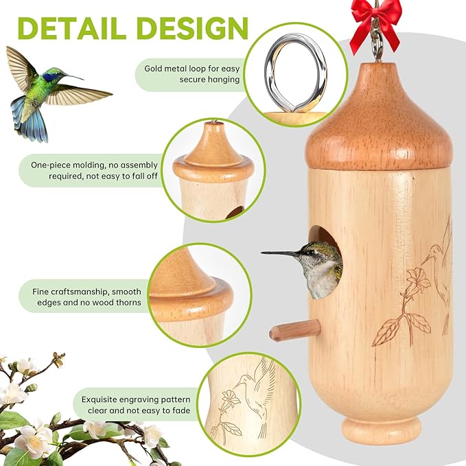 Hummingbird House, Solid Wood Hummingbird Houses for Outside-Exquisitely Handcrafted Birdhouse with Ribbon and String Hanging Kit, Durable Garden Decor, Perfect Gardening Gift (Style-ABC, 3 Pack)