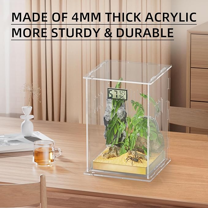 Reptile Terrariums with Temperature Hygrometer, 5.9"x5.9"x9.8" Acrylic Breeding Box Terrarium Cage Tank for Small Reptile Insect Home Office (Arboreal)