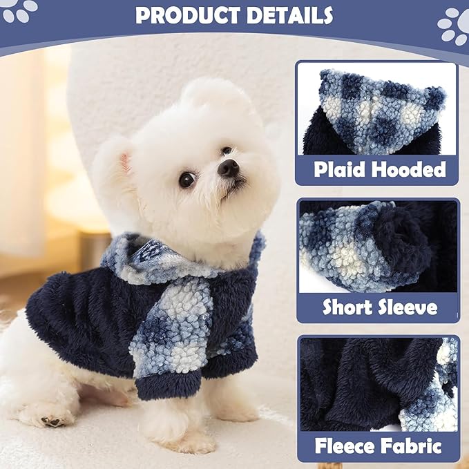 Plaid Dog Hoodie Fleece Small Dog Sweater for Small Dogs Girl Boy Winter Warm Puppy Clothes for Chihuahua Teacup Yorkie Soft Stretchy Tiny Outfits Cat Sweater Pet Clothing, Blue, XS