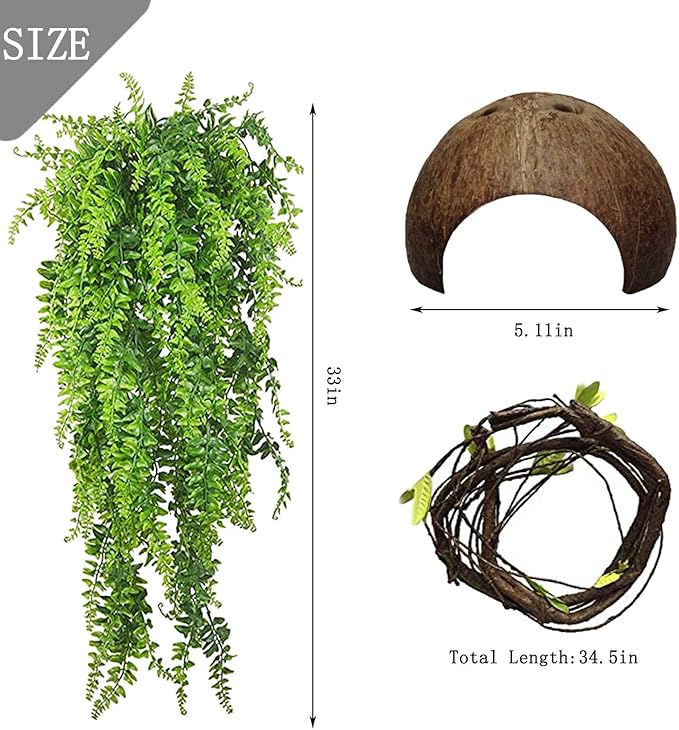 PINVNBY Bearded Dragon Habitat Decoration,Reptiles Hammock Natural Seagrass Lizard Lounger Bridge Coconut Shell Hut Hideout Cave Jungle Climber Terrarium Accessories for Gecko Chameleon Snakes(5 Pcs)
