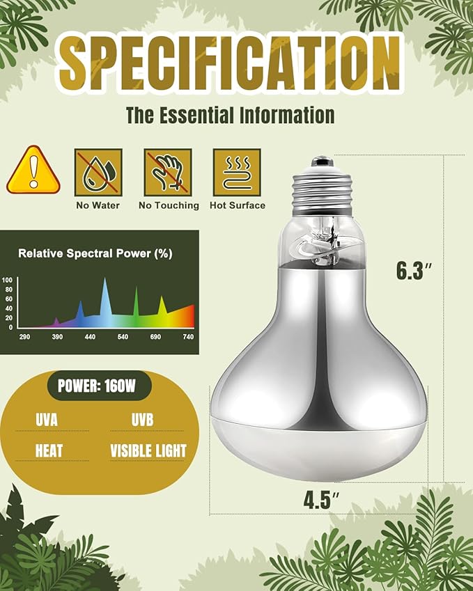 Heat Lamp Bulbs, 160 Watt Reptile Heat Bulb, Full Spectrum UVA UVB Light Bulb, Natural Daylight, Basking Spot, Sun Light for Reptile and Amphibian, Pack of 2