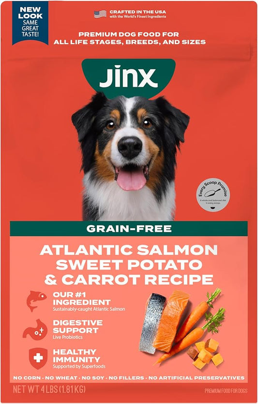 Jinx Premium Grain-Free Dry Dog Food, for All Lifestages - Real Salmon, Sweet Potato & Carrot Puppy Kibble with Superfoods for Immune Support & Probiotics for Digestive Support - No Fillers - 4lb
