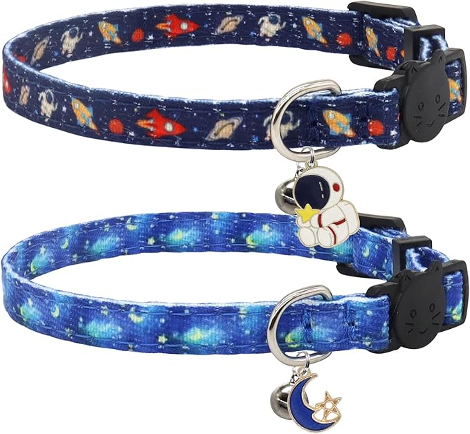 Cat Collar Breakaway, 2 Pack Cotton Cats Collars with Bells, Cute Astronaut Shaped for Girl Boy Kittens