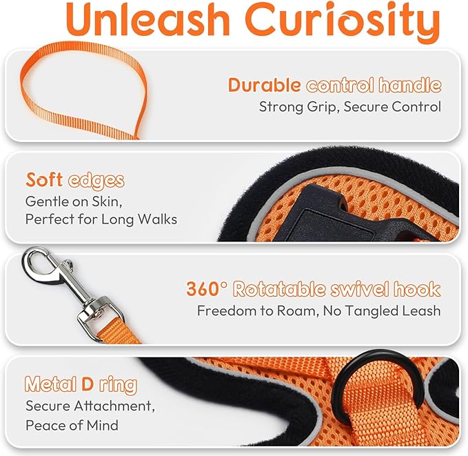 Dooradar Cat Harness and Leash Set, Escape Proof Safe Adjustable Kitten Vest Harnesses for Walking, Easy Control Soft Breathable Mesh Jacket with Reflective Strips for Cats, Orange, S