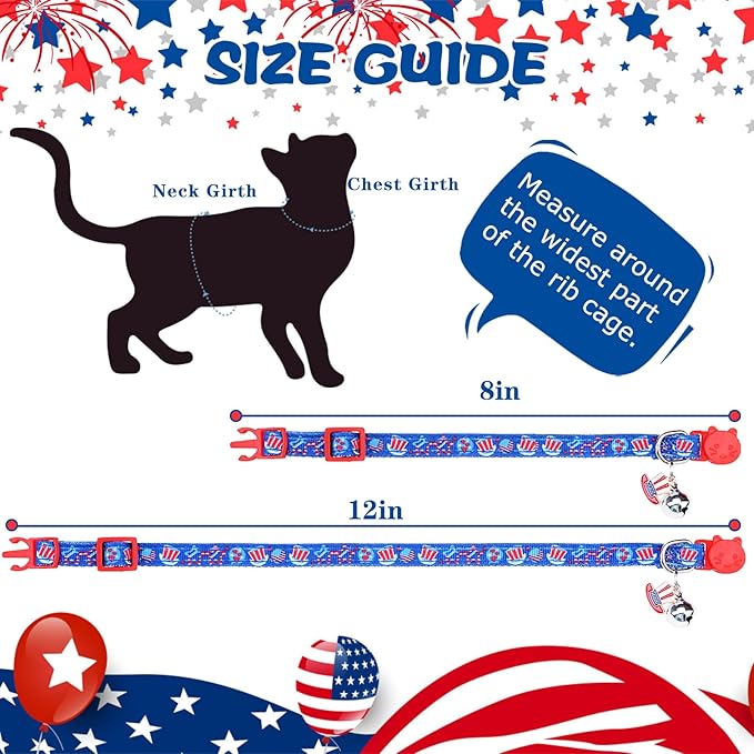 PUPTECK 3 Pack 4th of July Cat Collar with Bells Breakaway - Safety Small Kitten Collar Adjustable American Flag for Independence Day Blue, 8-12 in