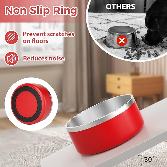 Stainless Steel Dog Bowl, Metal Water and Food Dish for Large Dogs, Insulated Non-Slip Pet Bowl, Easy Clean, 40oz, Red