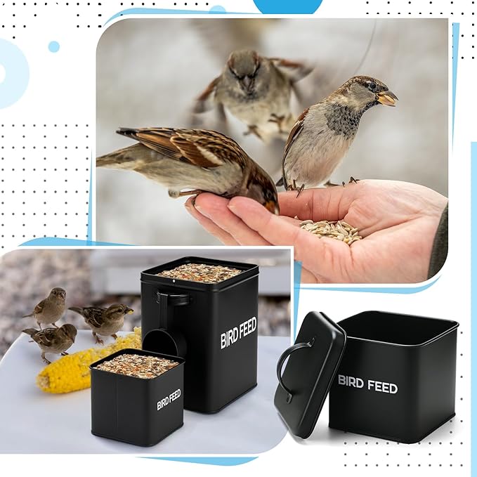 2 Pcs Metal Bird Seed Container with Scoop, Bird Feed Storage Container with Fitted Lid, Ideal Gift for Birds and Pet Owners (Black)