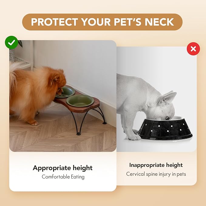 Ceramic 5.5-inch Raised Double-Bowl Set with Non-Slip Stand, Food & Water Dishes for Puppies and Cats, Wide Opening with Rounded Edges(Olive Green)