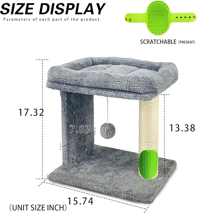 Cat Scratching Post Small Cat Tree with Cat Self Groomer, 17.3x13.4” Wide Top Bed, Natural Scratch Post and Danging Ball Great for Kittens and Average Indoor Cats-Grey