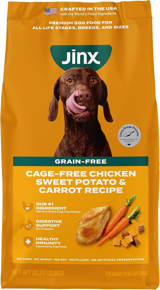 Jinx Premium Grain-Free Dry Dog Food, for All Lifestages - Real Chicken, Sweet Potato & Carrot Kibble with Superfoods for Immune Support & Probiotics for Digestive Support - No Fillers -30lb