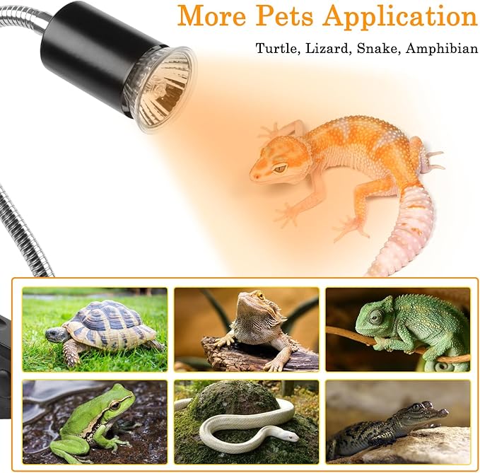 LUCKY HERP Reptile Heat Lamp with Clamp, Aquarium Turtle Tank Basking Light with 360° Rotatable Timing & Dimming and 2 Pack 50W UVA UVB Heat Light Bulb for Turtle Tortoise Lizard