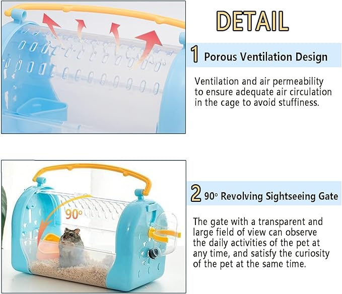 kathson Portable Hamster Cage Dwarf Hamster Carry Travel Cage with Water Bottle Food Bowl Adjustable Strap Pet Outgoing Cage for Gerbil Hedgehog Mice Squirrel