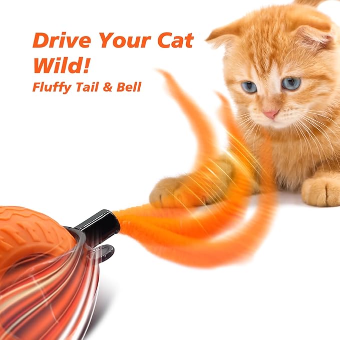 2Pcs Interactive Cat Toy for Indoor Cats, Speedy Ball with Tail, Automatic Moving Cat Balls for Bored Indoor Adult Cats, 360°Automatic Rolling Ball Toy, Two Speed Adjustment(Orange&Blue)