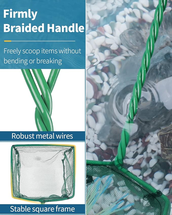 Pawfly Aquarium Fish Net with Braided Metal Handle Square Net with Soft Fine Mesh Sludge Food Residue Wastes Skimming Cleaning Net for Fish Tanks Small Koi Ponds and Pools