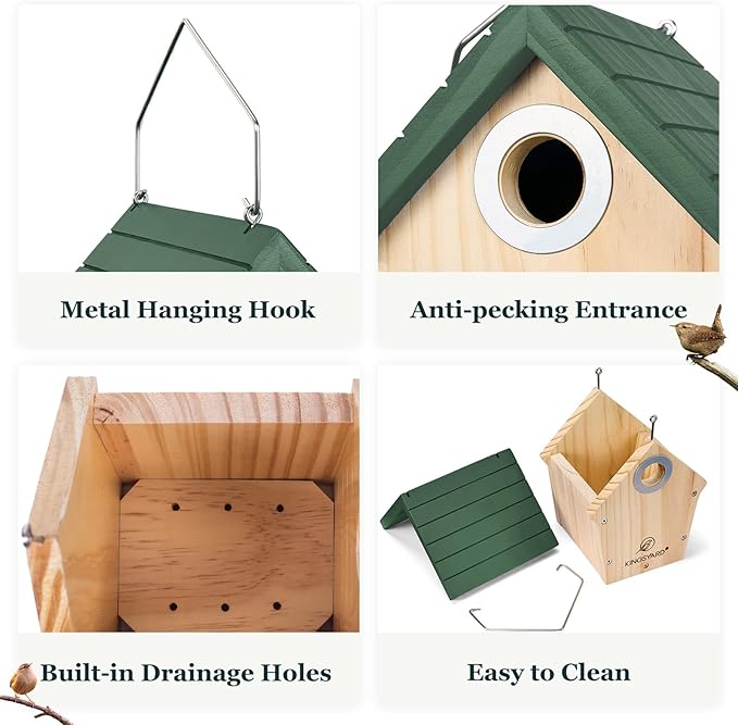 Kingsyard Wooden Bird House with Predator Guard, Wren Bird Nesting for Outdoor, Garden Patio Nest Box for Wild Bird Watching, Green