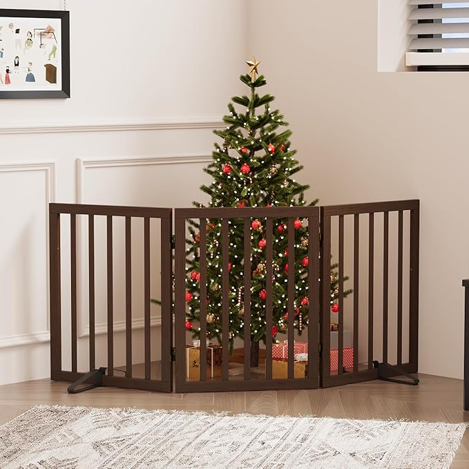 Dog Gates for Doorways, Freestanding Dog Gate Indoor, Foldable Pet Gates for Doorways Bedroom, Puppy Gate with Metal Support Feet, Room Divider 3 Panels (Dark Walnut)