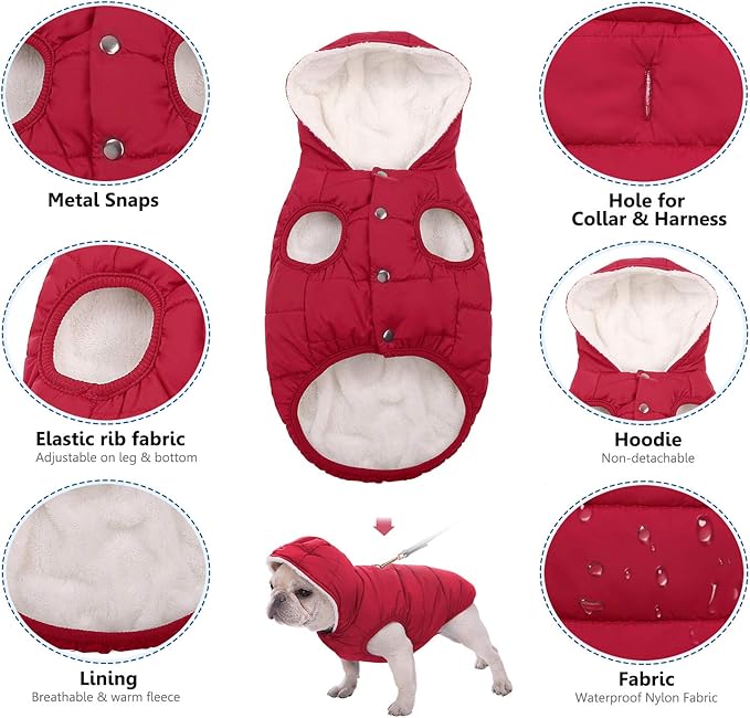 Fleece Hoodie for Dogs - Windproof Waterproof Coat, Winter Warm Jacket, Cold Weather Pet Apparel Clothes Vest for Small Medium Large Dogs (XS, Red)