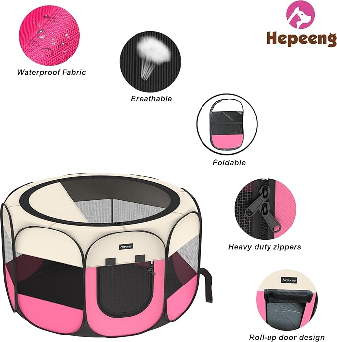 Portable Pet Playpen, 8-Panel Indoor/Outdoor Puppy Pen with Shade Cover & Travel Bag - Waterproof Dog Cat Tent Includes Collapsible Bowl