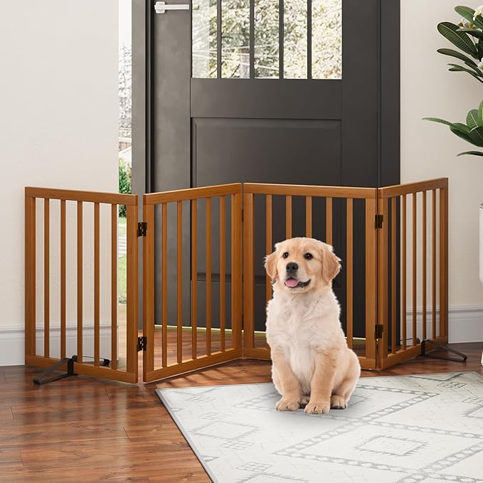 Dog Gate, Freestanding Dog Gates for Doorways, Foldable Dog Gate Indoor, Pet Gates for Doorways Bedroom, Puppy Gate with Metal Support Feet, Room Divider 4 Panels (Walnut)