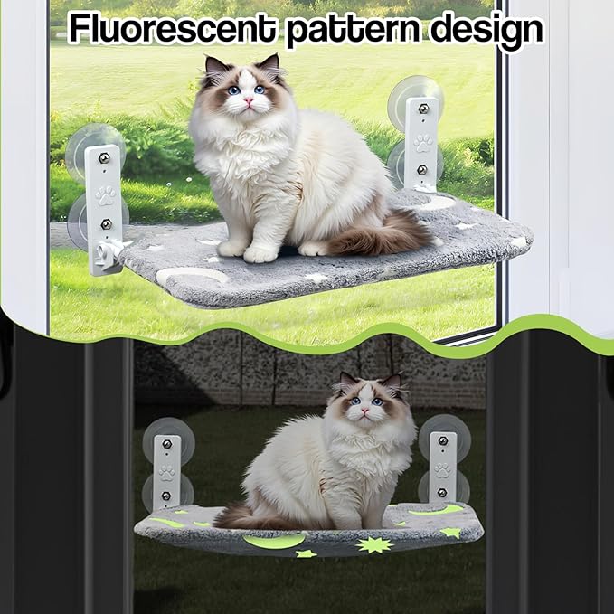 Cat Window Perch Glow in The Dark Cordless Foldable Pet Hammock Bed, Glowing Stars & Moon Pattern Window Hammock for Overlooking for Large Cats