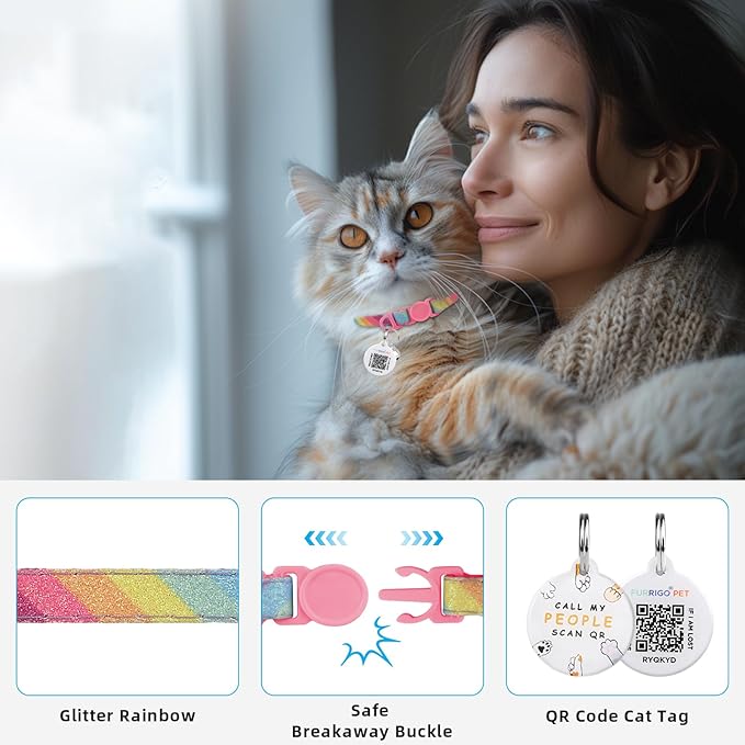 Cat Collar Breakaway with QR Code Name Tag, Glitter Kitten Collars with Bell, Cat Tags Personalized, Ultra-Durable, Comfortable, Quick Release, Fits Most Girl Boy Cats and Puppies (8"-13.5")