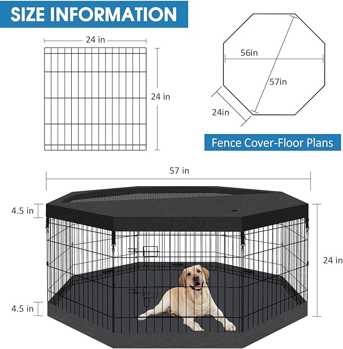 Foldable Metal Wire Dog Pen Pet Playpen Dog Fence Indoor Exercise Pen Enclosure Indoor Outdoor with Bottom Pad and Top Cover (Black 24 top Bottom Cover)