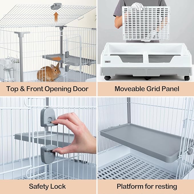 OIIBO Deluxe Rabbit Cage, 32" × 21" × 26" Large Space Bunny Cage Foldable Small Animal Cage with Pull Out Tray and Caster Platform, Professional Household Anti-Spray Urine Rabbit Cage Hutch Indoor
