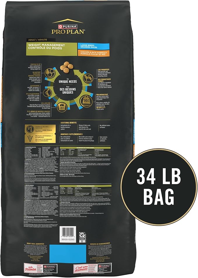 Purina Pro Plan Large Breed Weight Management Dry Dog Food, Chicken and Rice Formula - 34 lb. Bag