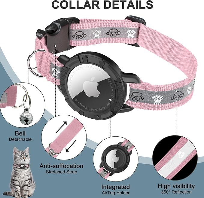 Reflective AirTag Cat Collar, Integrated Cat Tracker Collar with Air Tag Holder and Bell, Safety Elastic Band Cat GPS Collars for Girl Boy Cats, Kittens and Puppies (Pink, XS)