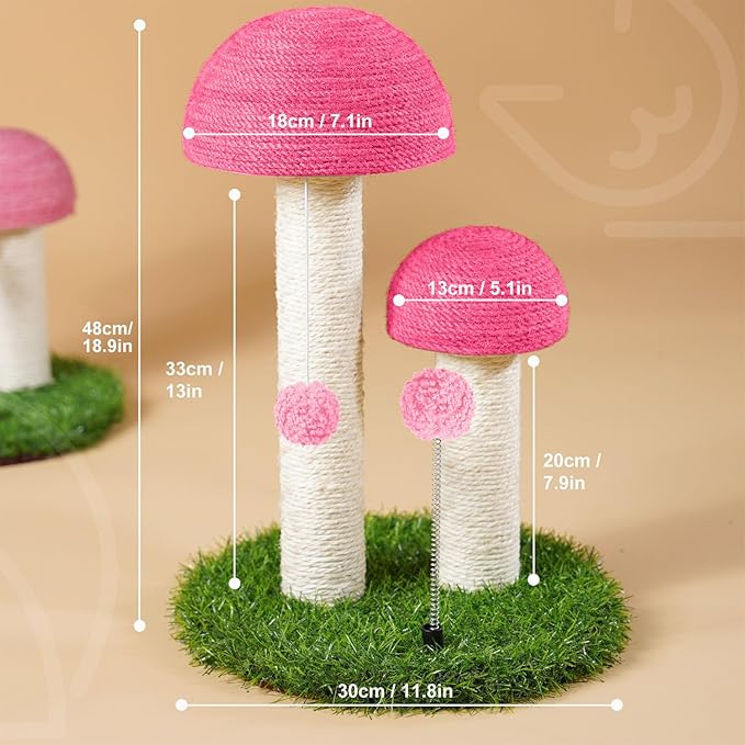 Odoland Cat Scratching Post Mushroom Natural Sisal Board Scratcher for Kitten Health and Good Behavior, Furniture Scratch Deterrent Accessories for Cats and Kitten Pink