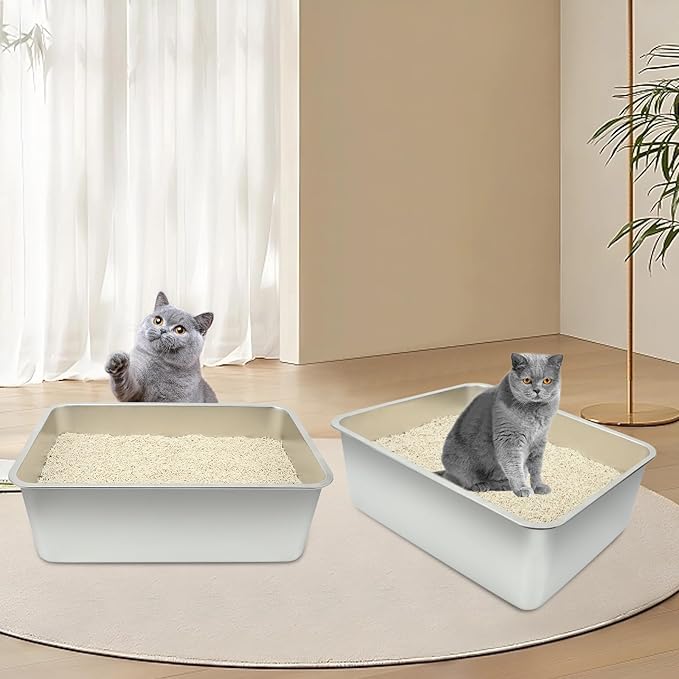 Rypet 2Packs Stainless Steel Litter Box Metal Litter Box for Cats High Back Litter Boxes Non-Stick Cat Poop Box๏ผEasy to Clean(23.6"*15.8"*7.9")