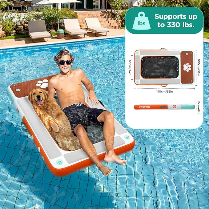 FBSPORT Dog Pool Float, Inflatable Dog Float for Pool, Lakes, Boats and Sea, Non-Slip EVA Floating Dock Platform for up to 330lbs