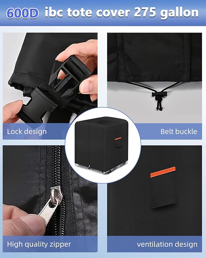 IBC Tote Cover,Zipper IBC Tote Cover,Fit 275 Gallon Water Tank,600D Heavy Duty Waterproof and Sunscreen Material,black