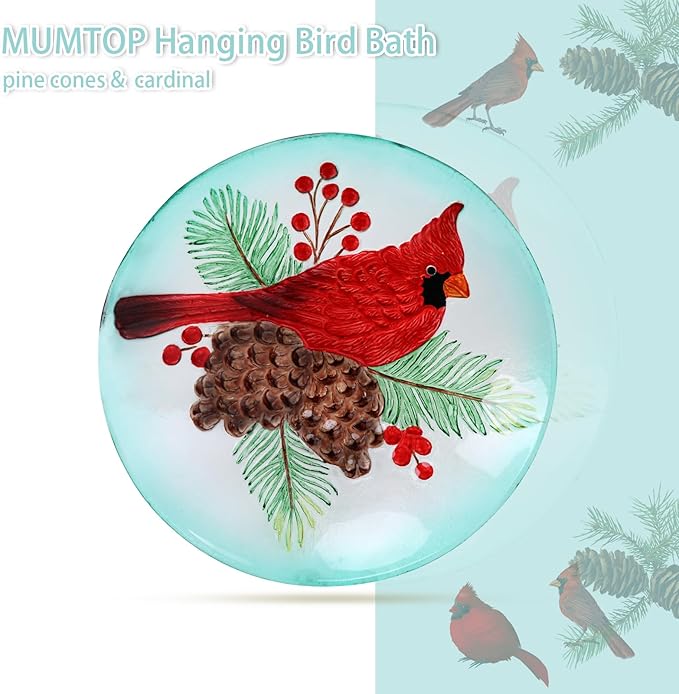 MUMTOP Hanging Bird Baths for Outdoors - Glass Bird Bath, 11 Inch Hanging Bird Bath Cardinal Bird Feeder Bowl for Outside, Garden, Lawn Yard Decor(Green)