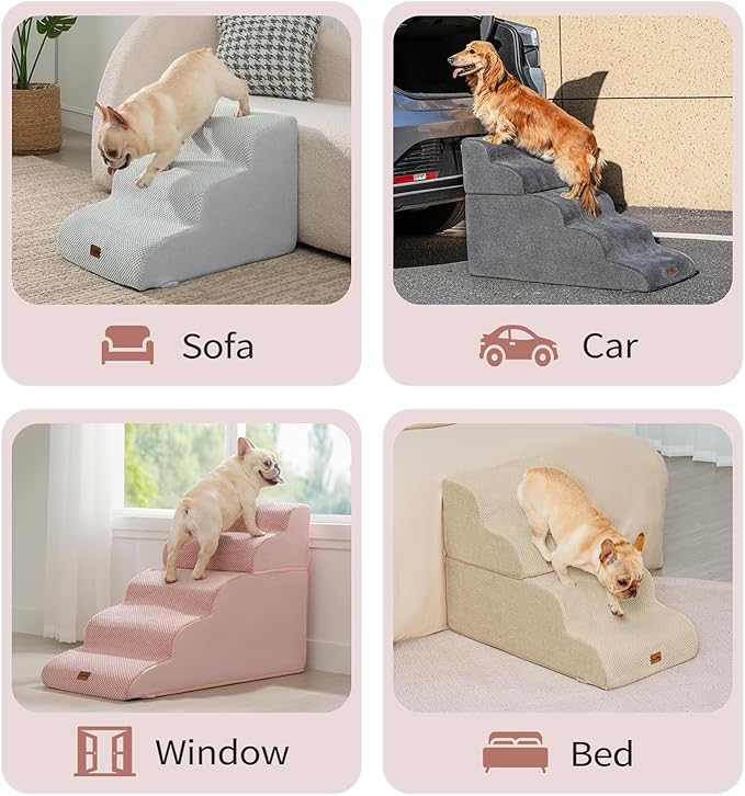 Made4Pets Dog Stairs Ramp for Bed, 4-Step Dog Steps for High Bed Couch Sofa Climbing, 35D Foam Pet Steps for Small Dogs and Cats, Non-Slip Bottom Pet Stairs, Pink