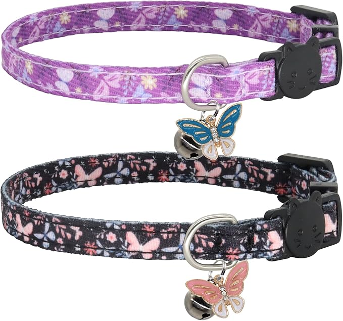 Cat Collar Breakaway, 2 Pack Cotton Cats Collars with Bells, Cute Butterfly Shaped for Girl Boy Kittens, Purple and Black
