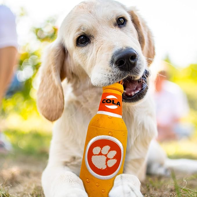 NCAA Clemson Tigers Beer Bottle Plush Dog & CAT Squeak Toy- Cutest Stadium SODA Bottle Snack Plush Toy for Dogs & Cats with Inner Squeaker & Beautiful Football/Basketball Team Name/Logo
