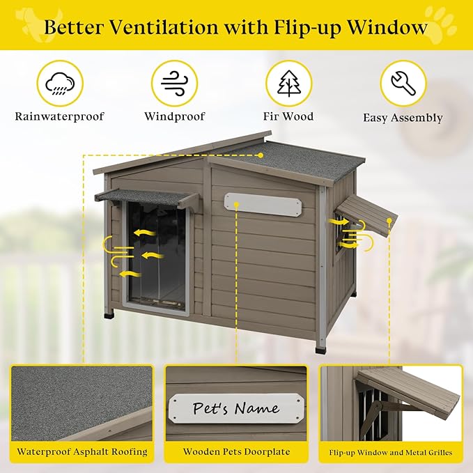 Dog House Outdoor Weatherproof Large Wooden Dog Kennel Indoor with Chew-Proof Iron Frame, Removable Floor, and Adjustable Window for Medium Dogs (Grey, 43.5" D x 29.5" W x 33.5" H)