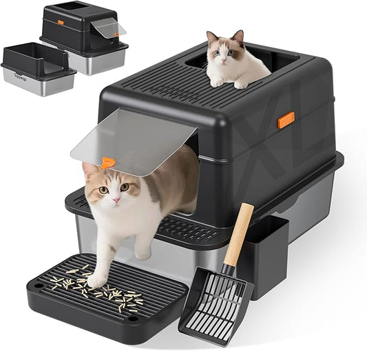 Enclosed Stainless Steel Litter Box with Lid, 20L Metal Enclosed Litter Box for Big Cat, Flip-Top Design with Anti-Leakage High Sides, Cat Lovers Gifts(Black)