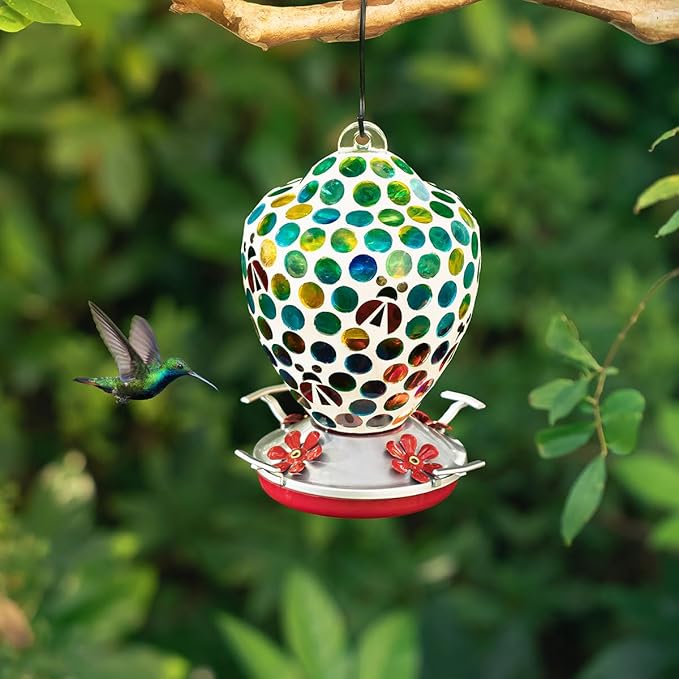 Glitzhome Wild Bird Feeder, 8.25" H Glass Hanging Blue/Green Dots & Ladybugs Mosaic Birdfeeder for Garden, Yard, Backyard, Deck and Porch Decorations