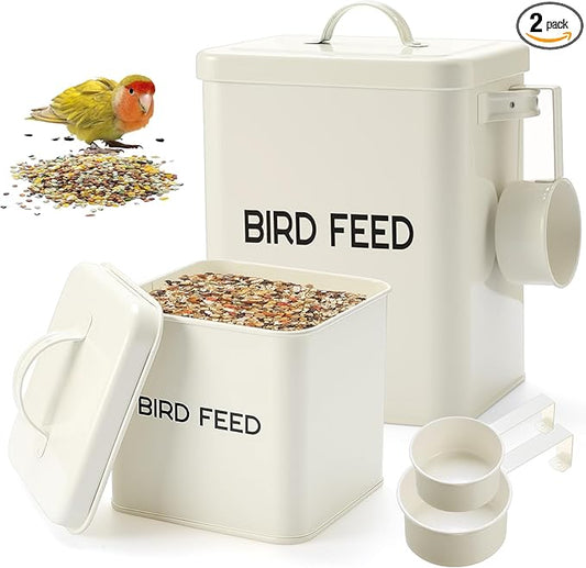 2 Pcs Metal Bird Seed Container with Scoop, White Bird Feed Storage Container with Fitted Lid, Ideal Gift for Birds and Pet Owners