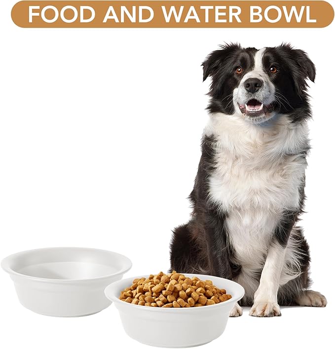 Ceramic 7.1inch Set of 2 Dog Bowls for Medium and Large Dogs, 2pcs Basic Food and Water Dishes for Replacement, Wide Opening Rounded Edge(2 Bowls, Matt White)