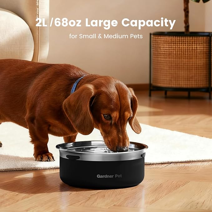 Gardner Pet Slow Water Bowl for Dogs, 2L/68oz Spill-Proof Pet Water Bowl with Floating Disk & Filter Screen, Stainless Steel No-Spill Water Dispenser for Small & Medium Pets