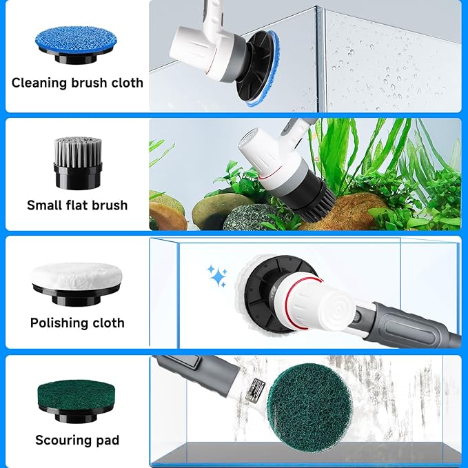AQQA 8-in-1 Electric Aquarium Cleaning Kit Cordless Rechargeable Glass Scrubber IPX9 Waterproof Handheld Fish Tank Cleaner Powerful Algae Scraper & Cleaning Brush Set (Grey)