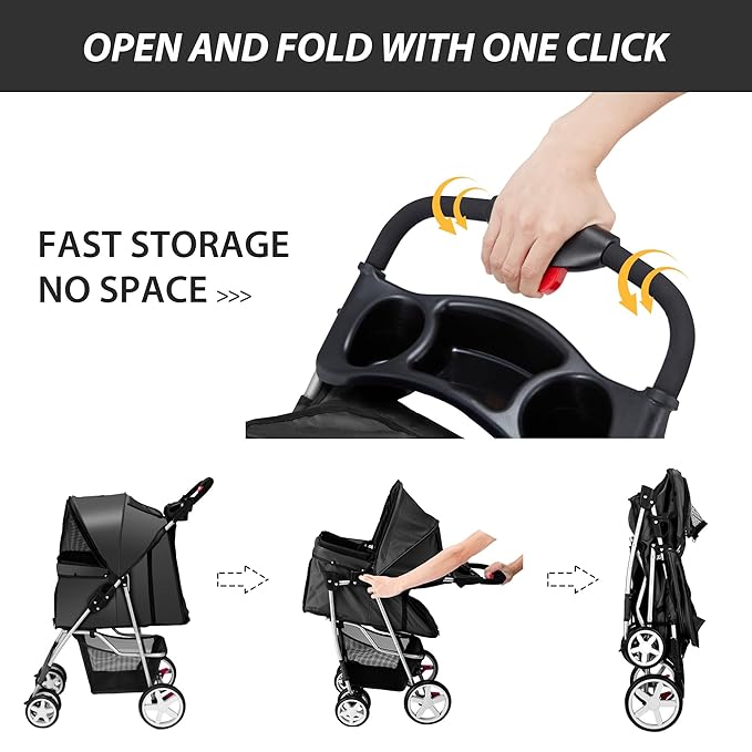 4 Wheels Pet Stroller for Small Medium Dogs Cats 10-33 lbs, Foldable Dog and Cat Stroller with Cup Holder & Storage Basket & Breathable Mesh, Pet Strolling Cart for All-Season, Black